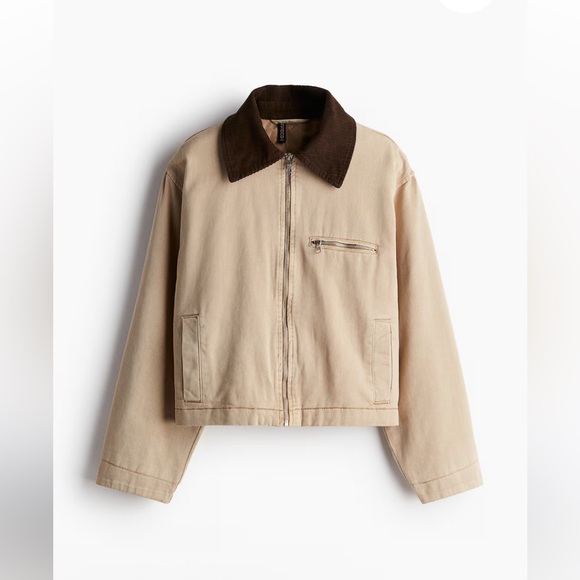 H&M Twill Jacket With Cotton Corduroy Collar Light Beige/ Dark Brown size Large - Picture 1 of 11